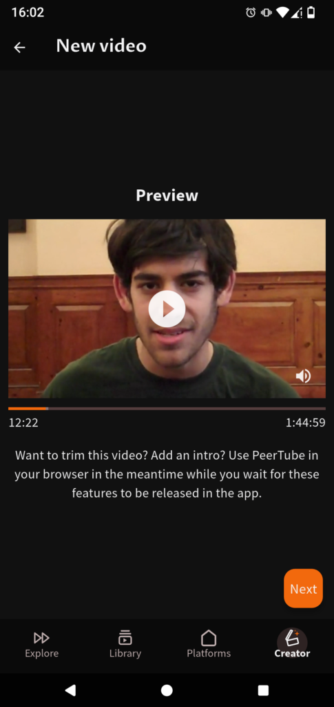 Screenshot of the preview page.There is a player with the video paused. Below the player, the text: "Want to trim this video? Add an intro? Use PeerTube in your browser in the meantime while you wait for these features to be released in the app."