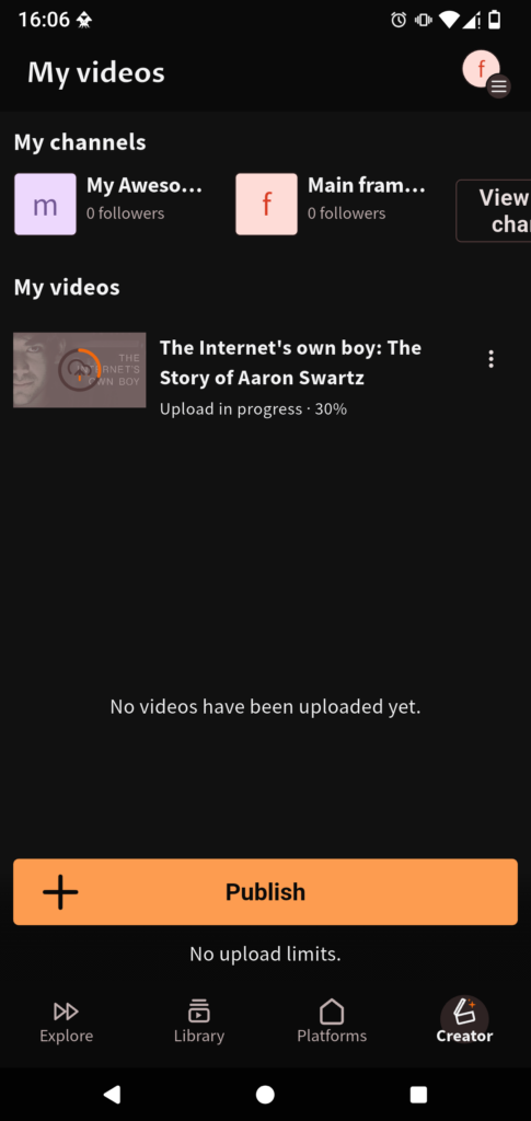 Screenshot of the “Creator” page. The previously added video is shown as being uploaded. The upload is 67% complete. A menu is available for this video.