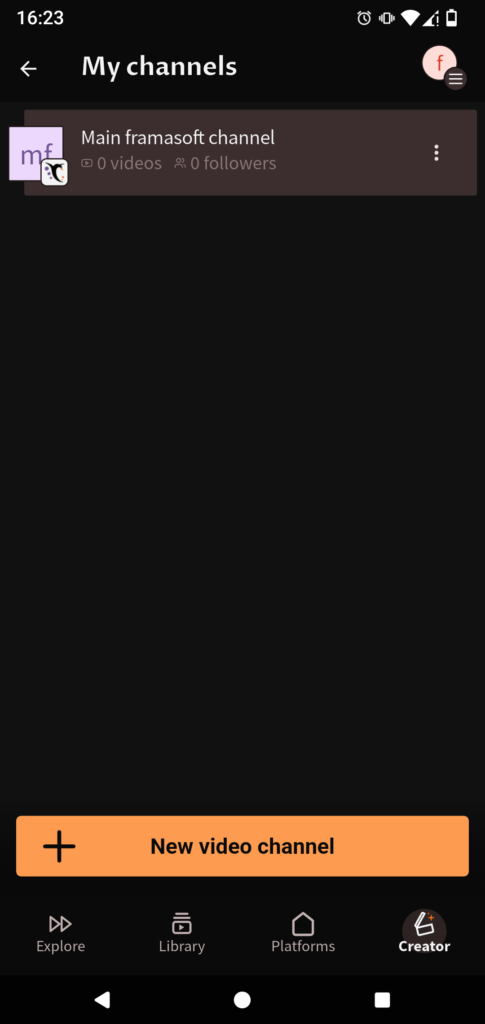 Screenshot of the “My Channels” page. At the top, the “Main framasoft channel” channel, showing “0 videos, 0 subscribers.” A menu is available on the right to manage this channel. At the bottom, a “New video channel” button.