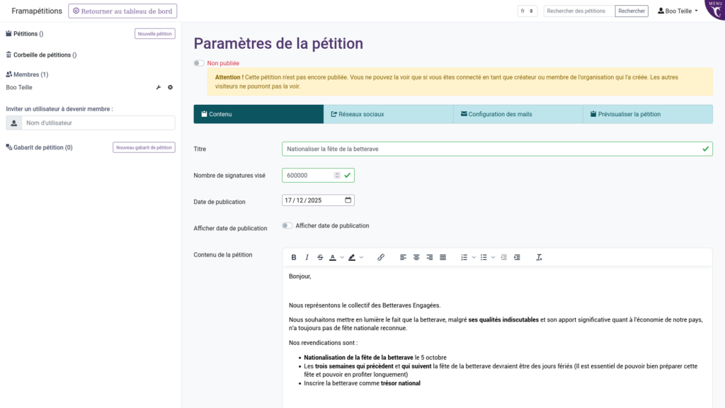 Capture d'écran des paramètres de la pétition.Le contenu principal montre plusieurs onglets : "Contenu", "Réseaux sociaux", "Configuration des mails", "Prévisualisation de la pétition". L'onglet actif est "Contenu". Plusieurs champs de formulaire sont modifiables : "Titre", "Nombre de signatures visé", "Date de publication", "Afficher date de publication" et "Contenu de la pétition". La capture ne prend pas toute la page, on devine que d'autres informations ne sont pas visibles sur celle-ci.
