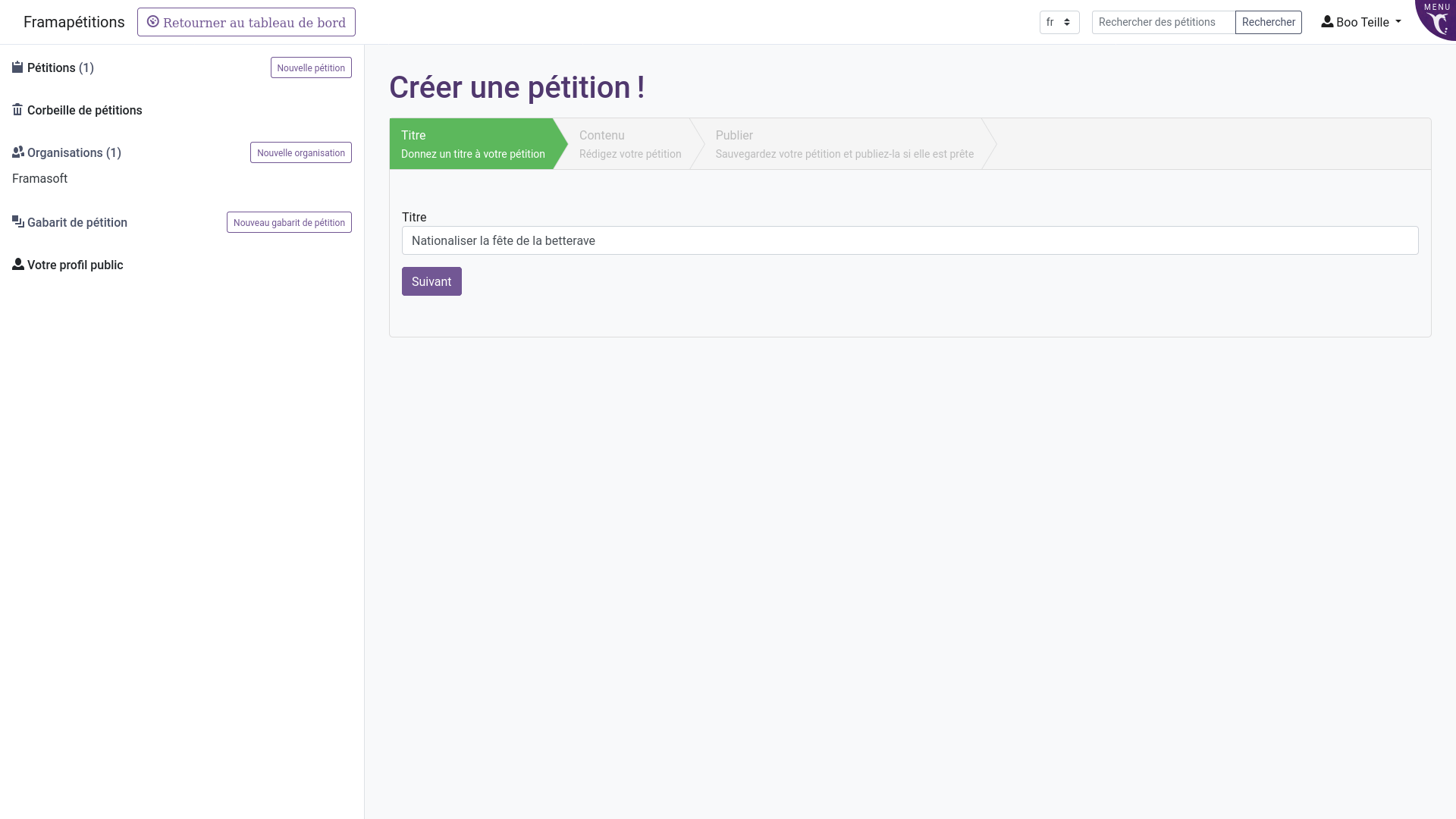Capture d'écran de Framapétitions. Le contenu principal est un formulaire permettant d'indiquer le titre de la pétition est présent, suivi d'un bouton "Suivant".