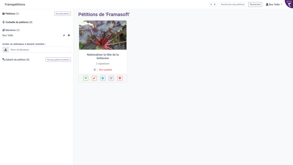 Capture d'écran de la page d'accueil de l'organisation "Framasoft".À gauche, le menu indique le nombre de pétitions et la corbeille de pétitions. Un bouton "Nouvelle pétition" est aussi disponible. Dessous, la liste des membres et la possibilité d'ajouter un nouveau membre. Encore en dessous, le nombre de gabarits de pétitions et le bouton "nouveau gabarit de pétition". Le contenu principal montre les pétitions de Framasoft. Ici, la seule pétition disponible est "Nationaliser la fête de la betterave".