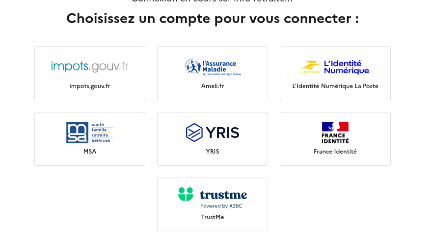 Page du service FranceConnect montrant sept fournisseurs d'identité qui peuvent être utilisés. L'utilisateurice doit en choisir un.