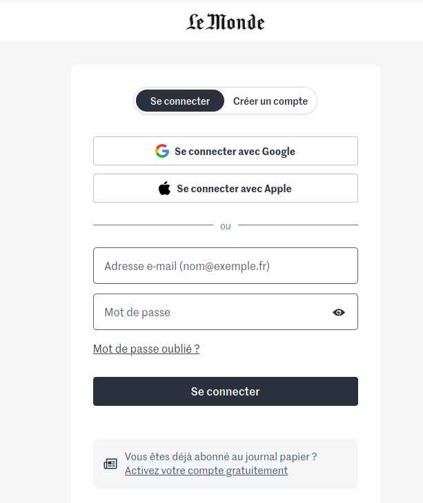 Écran de connexion du site Web du quotidien Le Monde, proposant comme deux premières solutions d'authentification Google et Apple.