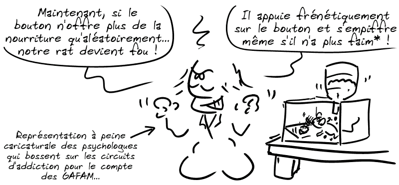 Suite, le scientifique dit : « Maintenant, si le bouton n'offre plus de la nourriture qu'aléatoirement… notre rat devient fou ! Il appuie frénétiquement sur le bouton et s'empiffre même s'il n'a plus faim* ! Niahahahahahaha… » Une flèche indique : « Représentation à peine caricaturale des psychologues qui bossent sur les circuits d'addiction pour le compte des GAFAM. »