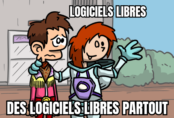 Mème : un cowboy, l'air peu rassuré, regarde au loin. Une astronaute le tient par l'épaule, montre le paysage de la main et dit, en souriant : « Logiciels libres, des logiciels libres partout ».