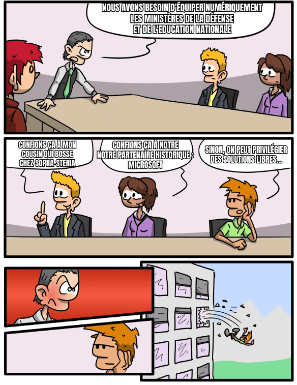 Mème : une réunion d'entreprise. Le patron dit : « Nous avons besoin d'équiper numériquement Les ministères de la défense et de l'education nationale ». Un employé propose : « Confions ça à mon cousin qui bosse chez Sopra-STERIA » ; sa collègue : « Confions ça à notre notre partenaire historique : Microsoft » ; un autre collègue, d'un air blasé : « Sinon, on peut privilégier des solutions libres... ». Cette dernière réplique rend le patron furieux : il éjecte ce dernier employé par la fenêtre.