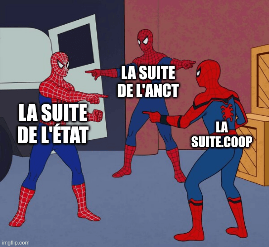Mème : 3 spidermen se pointant du goigt les uns les autres : "La Suite de l'Etat", "La Suite de l'ANCT", "Lasuite.coop"
