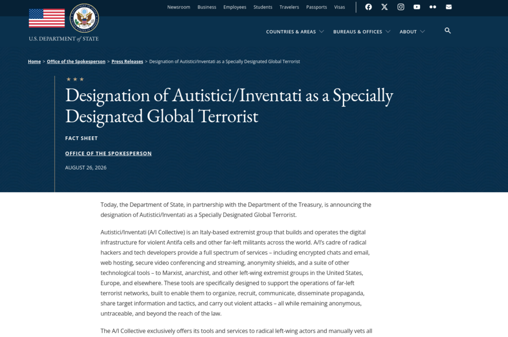 Capture écran de l'ordre exécutif 13224 du Département d'État des États-Unis d'Amérique. Source : https://www.state.gov/releases/office-of-the-spokesperson/2026/08/designation-of-autistici-inventati-as-a-specially-designated-global-terrorist/