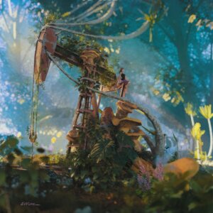 Un derrick rouillé recouvert de plantes, chaampignon, mousse et lichens, avec une personne assise sur une de ses poutres, au milieu d’une végétation luxuriante.
