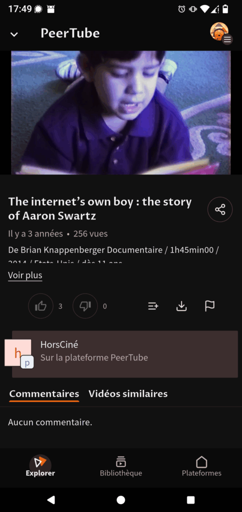 Capture écran de l'application mobile PeerTube