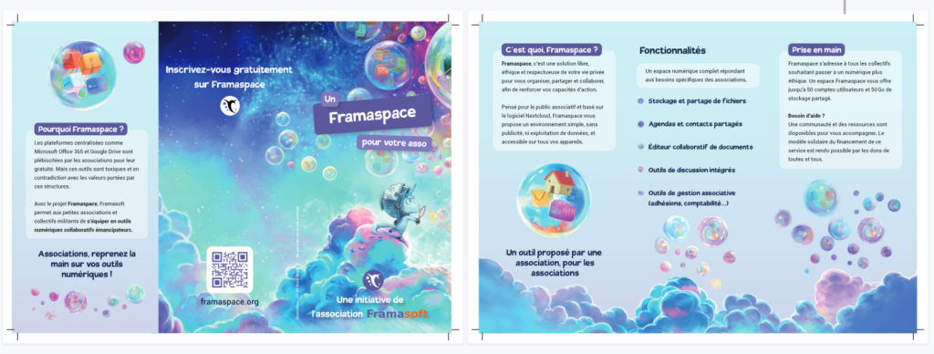 Capture écran du fichier PDF du dépliant 3 volets présentant Framaspace.