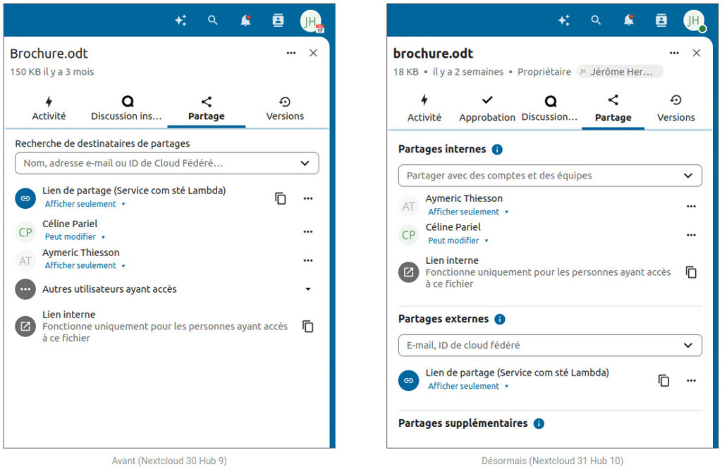 Captures écrans des interfaces de partage de fichiers entre les versions Nextcloud 30 et Nextcloud 31