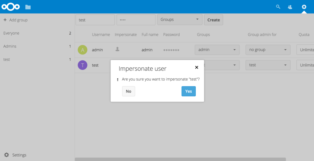 Capture écran de l'interface de l'application Impersonate, qui permet aux admins d'agir « comme si » ils étaient identifié comme l'utilisateur de leur choix.