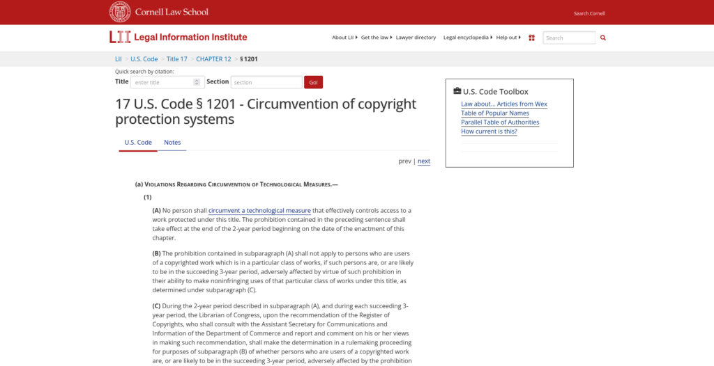 Section 1201 du Digital Millennium Copyright Act de 1998