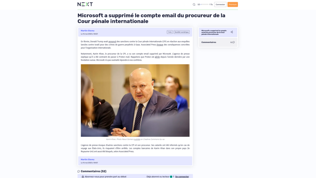 Capture écran de l'article Next.ink : « Microsoft a supprimé le compte email du procureur de la Cour pénale internationale.