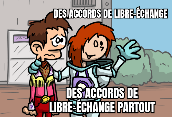Mème : un cowboy, l'air peu rassuré, regarde au loin. Une astronaute le tient par l'épaule, montre le paysage de la main et dit, en souriant : « Des accords de libre-échange, Des accords de libre-échange partout ».