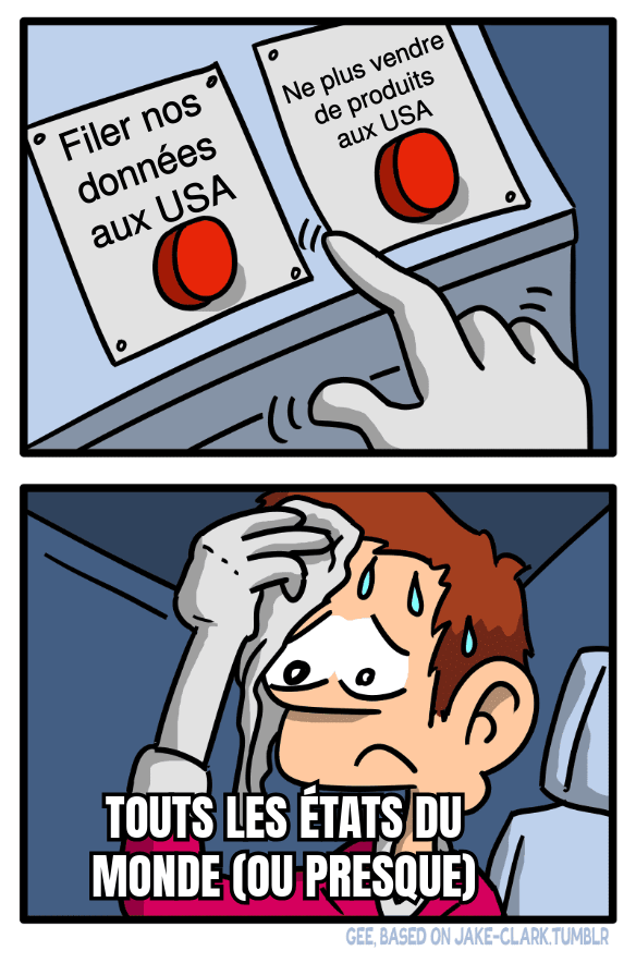 Mème : deux boutons rouges, un dit « Filer nos données aux USA », l'autre « Ne plus vendre de produits aux USA ». Un homme tagué « Touts les États du monde (ou presque) » transpire en ne sachant sur quel bouton appuyer.