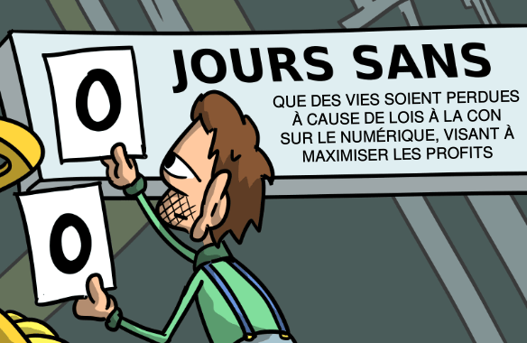 Mème : dans une usine, un homme blasé s'apprête à remplacer le zéro par un autre zéro dans la phrase « zéro jours sans que des vies soient perdues à cause de lois à la con sur le numérique, visant à maximiser les profits ».