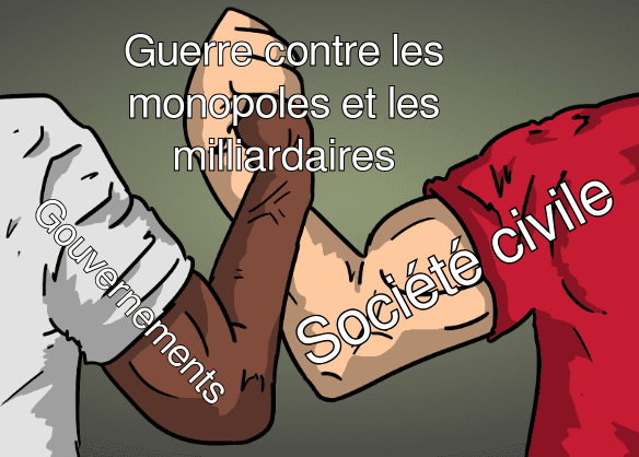 Mème. Texte 1 : « Gouvernements  ; Texte 2 : « Guerre contre les monopoles et les milliardaires » ; Texte 3 : « Société civile ».